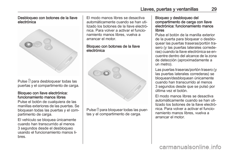 OPEL VIVARO B 2016  Manual de Instrucciones (in Spanish) Llaves, puertas y ventanillas29Desbloqueo con botones de la llave
electrónica
Pulse  c para desbloquear todas las
puertas y el compartimento de carga.
Bloqueo con llave electrónica:
funcionamiento m