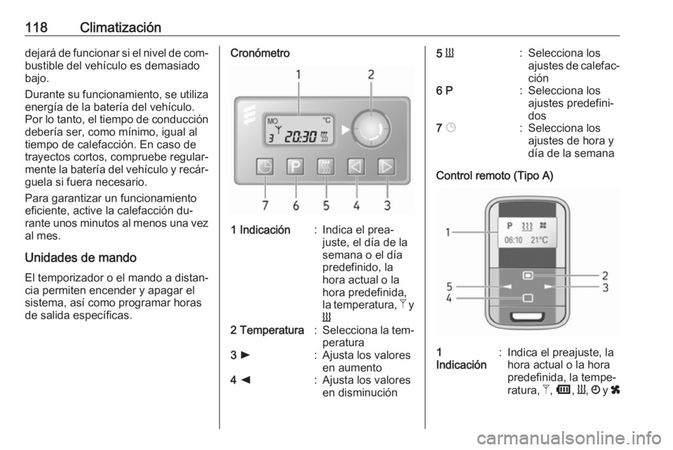 OPEL VIVARO B 2016.5 Manual de Instrucciones (in Spanish) 118Climatizacióndejará de funcionar si el nivel de com‐
bustible del vehículo es demasiado
bajo.
Durante su funcionamiento, se utiliza
energía de la batería del vehículo.
Por lo tanto, el tiem OPEL VIVARO B 2016.5 Manual de Instrucciones (in Spanish) 118Climatizacióndejará de funcionar si el nivel de com‐
bustible del vehículo es demasiado
bajo.
Durante su funcionamiento, se utiliza
energía de la batería del vehículo.
Por lo tanto, el tiem