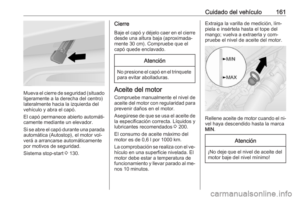 OPEL VIVARO B 2016.5 Manual de Instrucciones (in Spanish) Cuidado del vehículo161
Mueva el cierre de seguridad (situadoligeramente a la derecha del centro)
lateralmente hacia la izquierda del
vehículo y abra el capó.
El capó permanece abierto automáti OPEL VIVARO B 2016.5 Manual de Instrucciones (in Spanish) Cuidado del vehículo161
Mueva el cierre de seguridad (situadoligeramente a la derecha del centro)
lateralmente hacia la izquierda del
vehículo y abra el capó.
El capó permanece abierto automáti