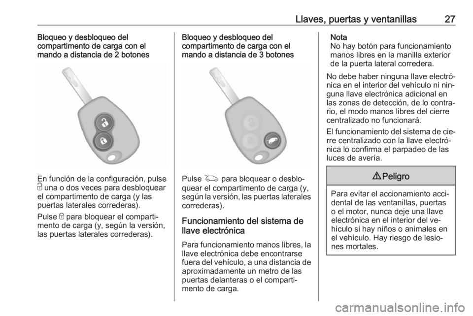 OPEL VIVARO B 2016.5  Manual de Instrucciones (in Spanish) Llaves, puertas y ventanillas27Bloqueo y desbloqueo del
compartimento de carga con el
mando a distancia de 2 botones
En función de la configuración, pulse
c  una o dos veces para desbloquear
el comp