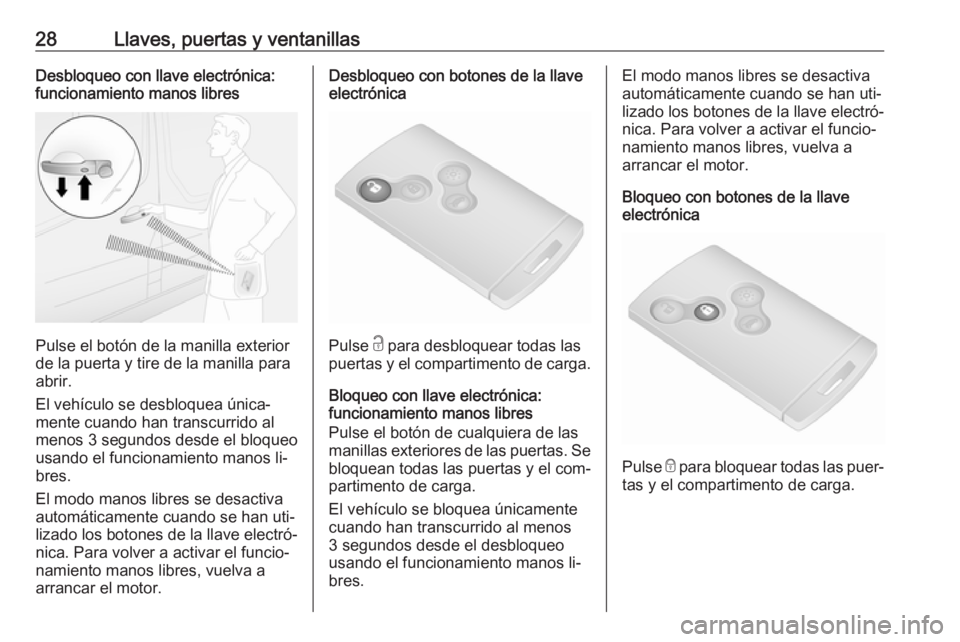 OPEL VIVARO B 2016.5  Manual de Instrucciones (in Spanish) 28Llaves, puertas y ventanillasDesbloqueo con llave electrónica:
funcionamiento manos libres
Pulse el botón de la manilla exterior
de la puerta y tire de la manilla para
abrir.
El vehículo se desbl