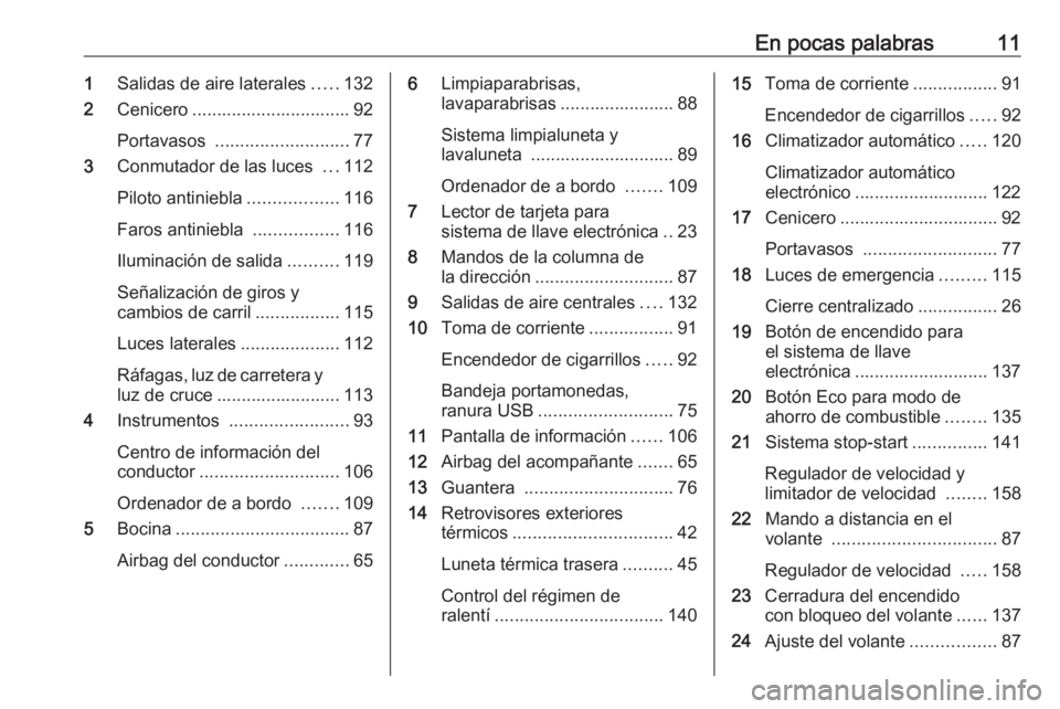 OPEL VIVARO B 2017.5  Manual de Instrucciones (in Spanish) En pocas palabras111Salidas de aire laterales .....132
2 Cenicero ................................ 92
Portavasos  ........................... 77
3 Conmutador de las luces  ...112
Piloto antiniebla ...