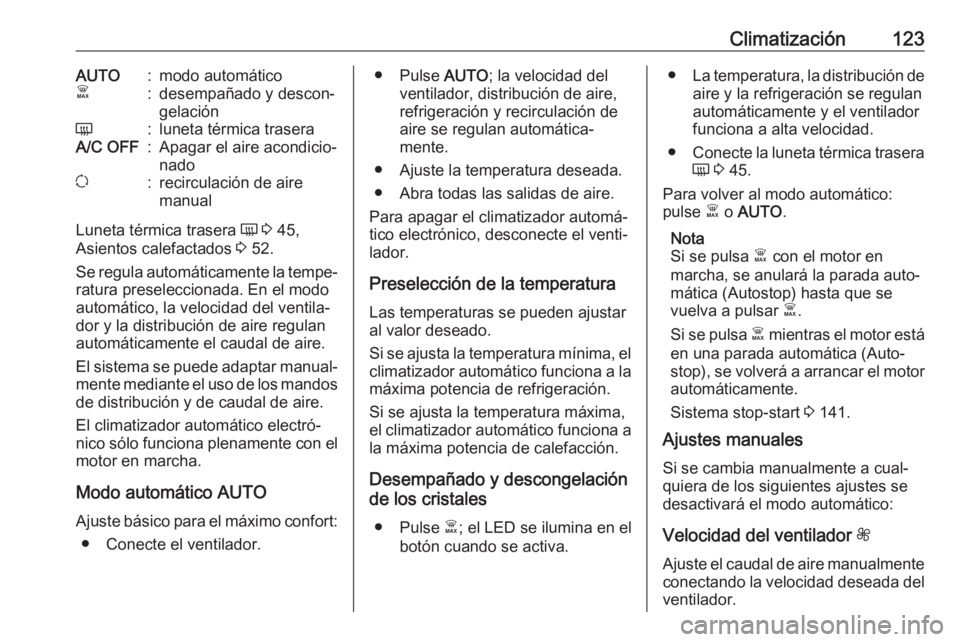 OPEL VIVARO B 2017.5 Manual de Instrucciones (in Spanish) Climatización123AUTO:modo automáticoÊ:desempañado y descon‐
gelaciónÜ:luneta térmica traseraA/C OFF:Apagar el aire acondicio‐
nadou:recirculación de aire
manual
Luneta térmica trasera Ü OPEL VIVARO B 2017.5 Manual de Instrucciones (in Spanish) Climatización123AUTO:modo automáticoÊ:desempañado y descon‐
gelaciónÜ:luneta térmica traseraA/C OFF:Apagar el aire acondicio‐
nadou:recirculación de aire
manual
Luneta térmica trasera Ü