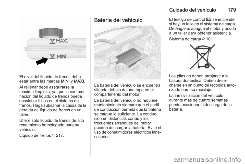 OPEL VIVARO B 2017.5  Manual de Instrucciones (in Spanish) Cuidado del vehículo179
El nivel del líquido de frenos debe
estar entre las marcas  MINI y MAXI .
Al rellenar debe asegurarse la
máxima limpieza, ya que la contami‐
nación del líquido de frenos