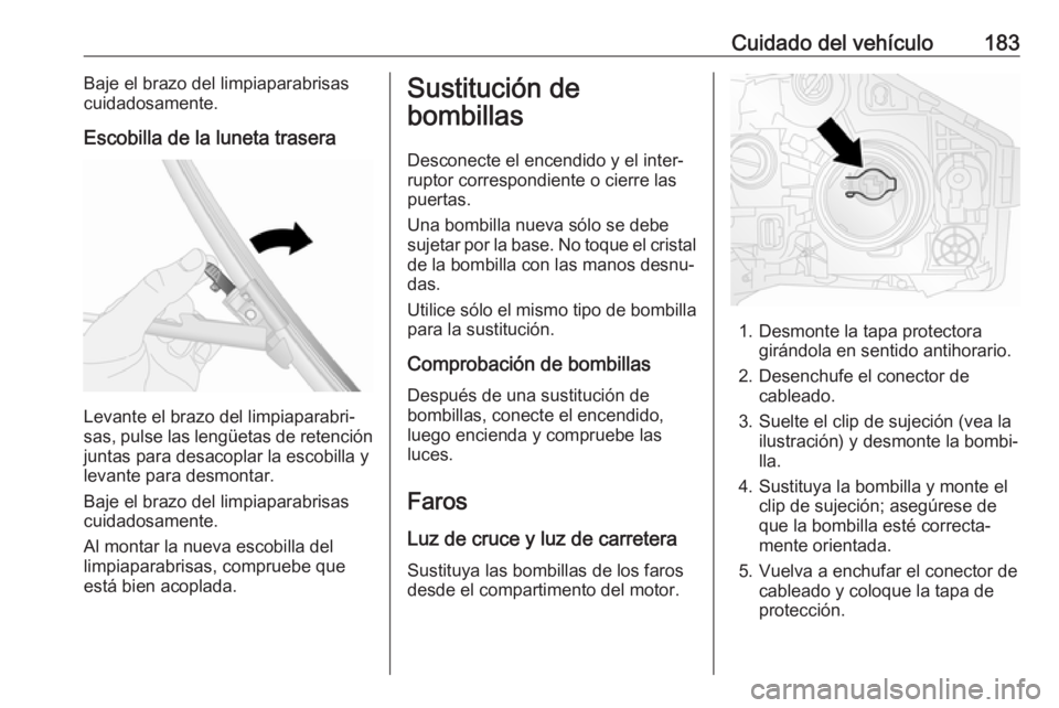 OPEL VIVARO B 2017.5  Manual de Instrucciones (in Spanish) Cuidado del vehículo183Baje el brazo del limpiaparabrisas
cuidadosamente.
Escobilla de la luneta trasera
Levante el brazo del limpiaparabri‐
sas, pulse las lengüetas de retención
juntas para desa