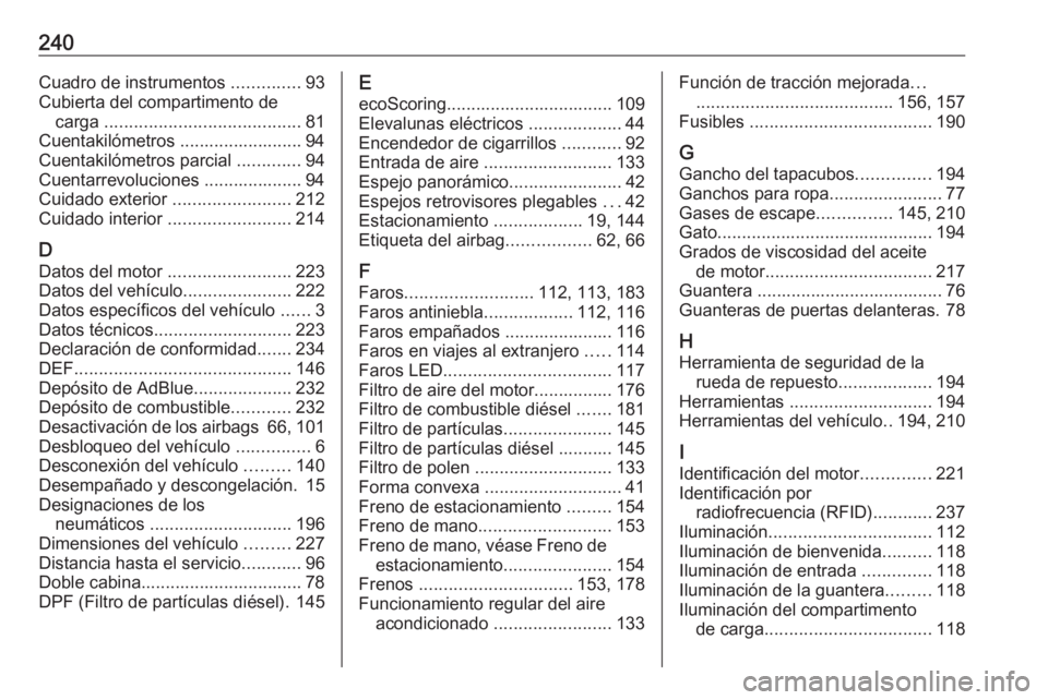 OPEL VIVARO B 2017.5  Manual de Instrucciones (in Spanish) 240Cuadro de instrumentos ..............93
Cubierta del compartimento de carga  ........................................ 81
Cuentakilómetros ......................... 94
Cuentakilómetros parcial  ..