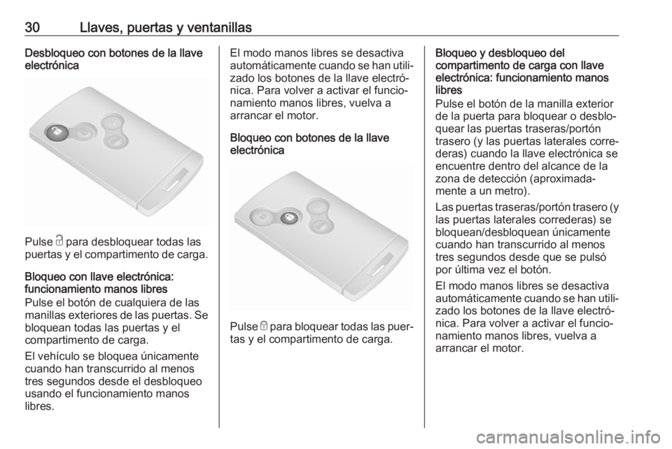 OPEL VIVARO B 2017.5  Manual de Instrucciones (in Spanish) 30Llaves, puertas y ventanillasDesbloqueo con botones de la llave
electrónica
Pulse  c para desbloquear todas las
puertas y el compartimento de carga.
Bloqueo con llave electrónica:
funcionamiento m