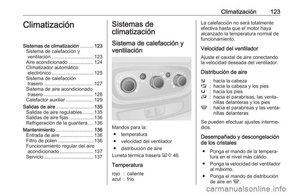 OPEL VIVARO B 2018 Manual de Instrucciones (in Spanish) Climatización123ClimatizaciónSistemas de climatización.........123
Sistema de calefacción y ventilación .............................. 123
Aire acondicionado ..................124
Climatizador au OPEL VIVARO B 2018 Manual de Instrucciones (in Spanish) Climatización123ClimatizaciónSistemas de climatización.........123
Sistema de calefacción y ventilación .............................. 123
Aire acondicionado ..................124
Climatizador au