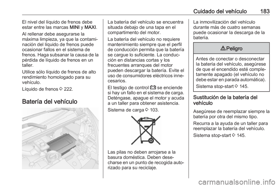 OPEL VIVARO B 2018  Manual de Instrucciones (in Spanish) Cuidado del vehículo183El nivel del líquido de frenos debe
estar entre las marcas  MINI y MAXI .
Al rellenar debe asegurarse la
máxima limpieza, ya que la contami‐
nación del líquido de frenos 