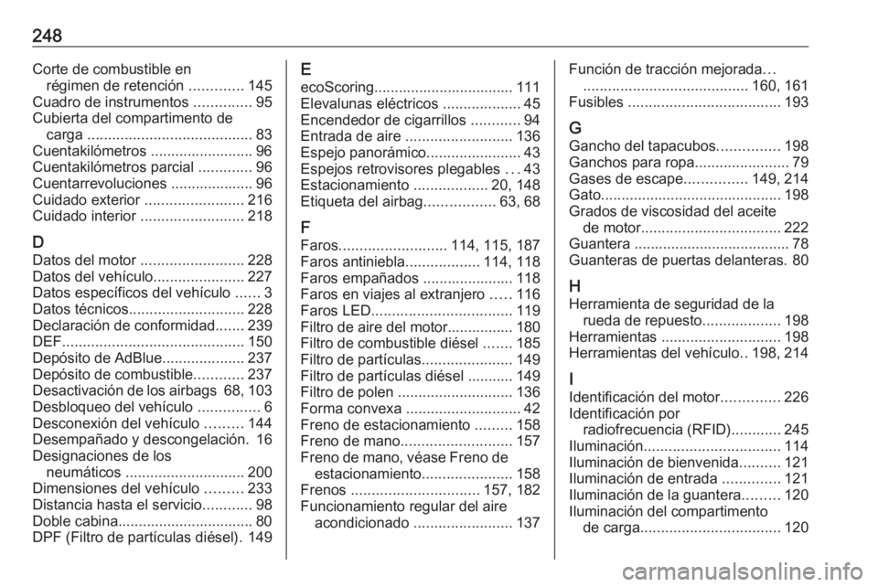 OPEL VIVARO B 2018  Manual de Instrucciones (in Spanish) 248Corte de combustible enrégimen de retención  .............145
Cuadro de instrumentos  ..............95
Cubierta del compartimento de carga  ........................................ 83
Cuentakiló