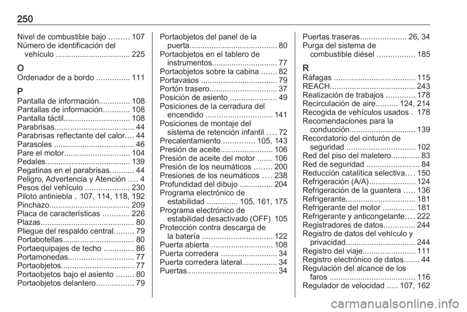 OPEL VIVARO B 2018  Manual de Instrucciones (in Spanish) 250Nivel de combustible bajo .........107
Número de identificación del vehículo  .................................. 225
O
Ordenador de a bordo  ...............111
P Pantalla de información .......