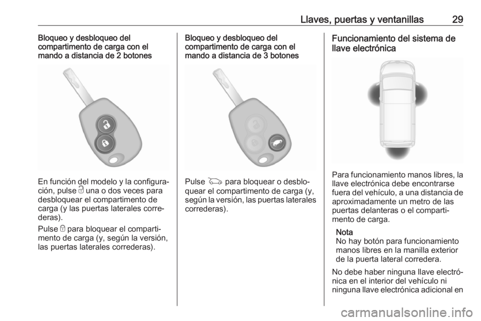 OPEL VIVARO B 2018  Manual de Instrucciones (in Spanish) Llaves, puertas y ventanillas29Bloqueo y desbloqueo del
compartimento de carga con el
mando a distancia de 2 botones
En función del modelo y la configura‐
ción, pulse  c una o dos veces para
desbl
