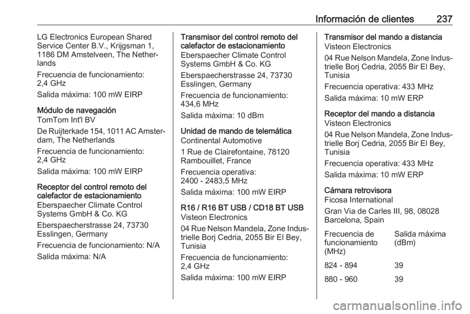 OPEL VIVARO B 2018.5  Manual de Instrucciones (in Spanish) Información de clientes237LG Electronics European Shared
Service Center B.V., Krijgsman 1,
1186 DM Amstelveen, The Nether‐ lands
Frecuencia de funcionamiento:
2,4 GHz
Salida máxima: 100 mW EIRP
M�