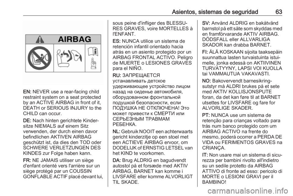 OPEL VIVARO B 2018.5  Manual de Instrucciones (in Spanish) Asientos, sistemas de seguridad63
EN: NEVER use a rear-facing child
restraint system on a seat protected
by an ACTIVE AIRBAG in front of it,
DEATH or SERIOUS INJURY to the
CHILD can occur.
DE:  Nach h