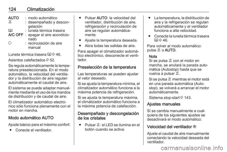 OPEL VIVARO B 2019 Manual de Instrucciones (in Spanish) 124ClimatizaciónAUTO:modo automáticoÊ:desempañado y descon‐
gelaciónÜ:luneta térmica traseraA/C OFF:apagar el aire acondicio‐
nadou:recirculación de aire
manual
Luneta térmica trasera Ü OPEL VIVARO B 2019 Manual de Instrucciones (in Spanish) 124ClimatizaciónAUTO:modo automáticoÊ:desempañado y descon‐
gelaciónÜ:luneta térmica traseraA/C OFF:apagar el aire acondicio‐
nadou:recirculación de aire
manual
Luneta térmica trasera Ü
