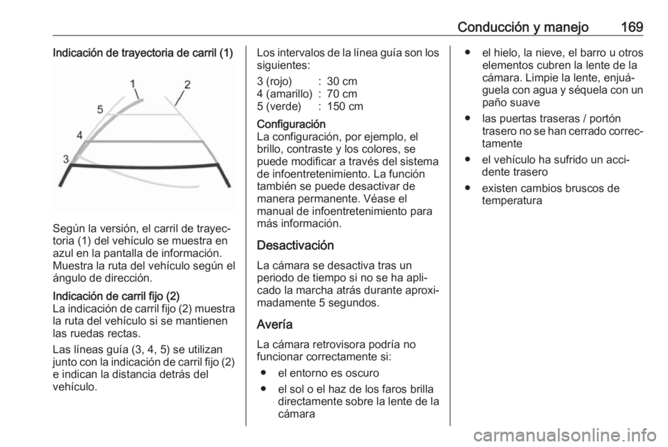 OPEL VIVARO B 2019 Manual de Instrucciones (in Spanish) Conducción y manejo169Indicación de trayectoria de carril (1)
Según la versión, el carril de trayec‐
toria (1) del vehículo se muestra en azul en la pantalla de información.
Muestra la ruta de OPEL VIVARO B 2019 Manual de Instrucciones (in Spanish) Conducción y manejo169Indicación de trayectoria de carril (1)
Según la versión, el carril de trayec‐
toria (1) del vehículo se muestra en azul en la pantalla de información.
Muestra la ruta de
