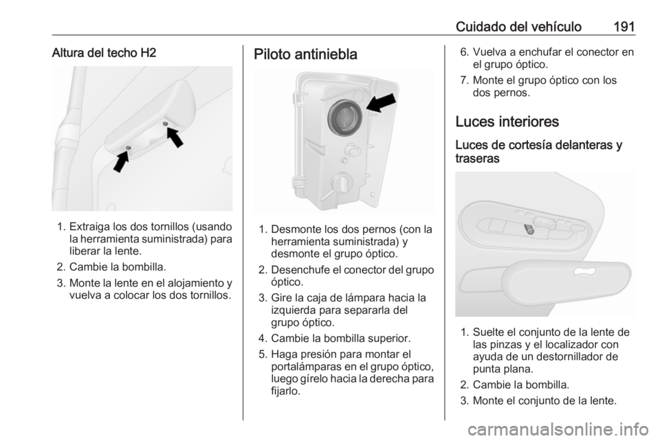 OPEL VIVARO B 2019  Manual de Instrucciones (in Spanish) Cuidado del vehículo191Altura del techo H2
1. Extraiga los dos tornillos (usandola herramienta suministrada) para
liberar la lente.
2. Cambie la bombilla.
3. Monte la lente en el alojamiento y
vuelva