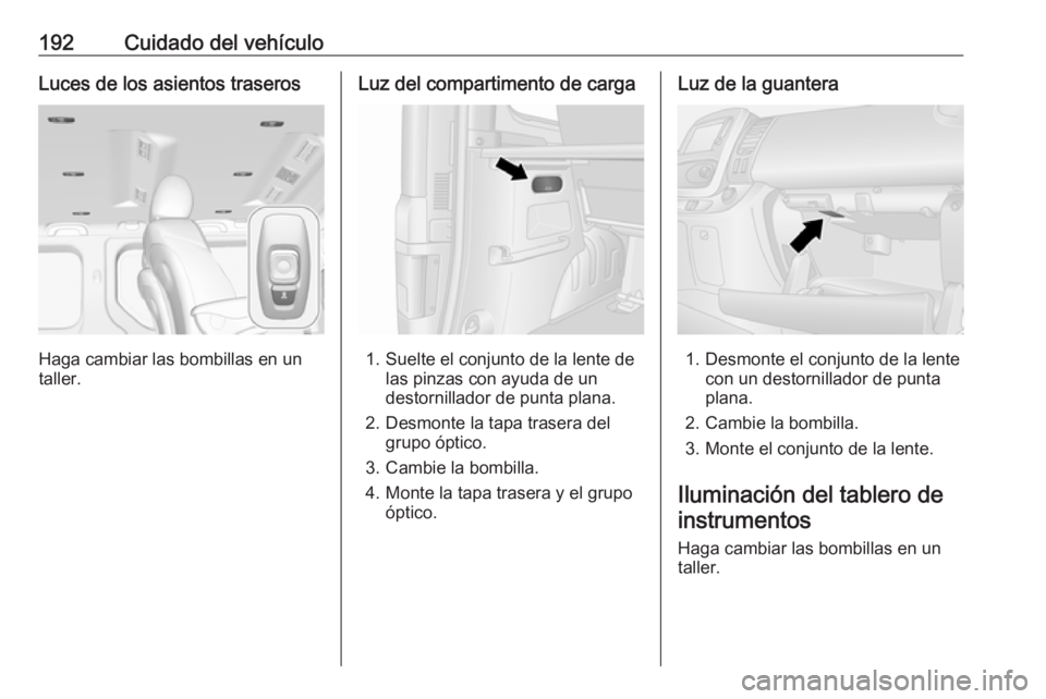 OPEL VIVARO B 2019  Manual de Instrucciones (in Spanish) 192Cuidado del vehículoLuces de los asientos traseros
Haga cambiar las bombillas en un
taller.
Luz del compartimento de carga
1. Suelte el conjunto de la lente de las pinzas con ayuda de un
destornil