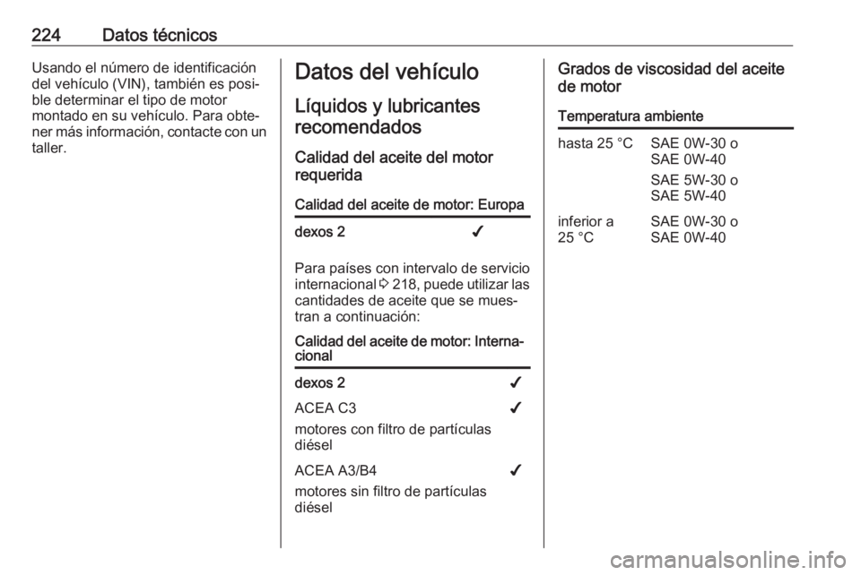 OPEL VIVARO B 2019 Manual de Instrucciones (in Spanish) 224Datos técnicosUsando el número de identificación
del vehículo (VIN), también es posi‐
ble determinar el tipo de motor
montado en su vehículo. Para obte‐ ner más información, contacte co OPEL VIVARO B 2019 Manual de Instrucciones (in Spanish) 224Datos técnicosUsando el número de identificación
del vehículo (VIN), también es posi‐
ble determinar el tipo de motor
montado en su vehículo. Para obte‐ ner más información, contacte co