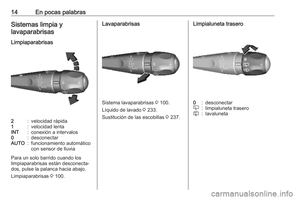 OPEL VIVARO C 2020  Manual de Instrucciones (in Spanish) 14En pocas palabrasSistemas limpia ylavaparabrisas
Limpiaparabrisas2:velocidad rápida1:velocidad lentaINT:conexión a intervalos0:desconectarAUTO:funcionamiento automático
con sensor de lluvia
Para 
