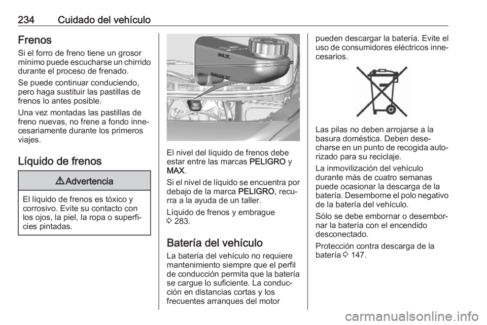OPEL VIVARO C 2020  Manual de Instrucciones (in Spanish) 234Cuidado del vehículoFrenosSi el forro de freno tiene un grosor
mínimo puede escucharse un chirrido
durante el proceso de frenado.
Se puede continuar conduciendo,
pero haga sustituir las pastillas