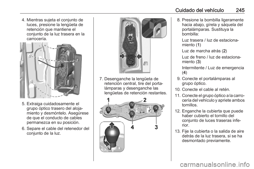 OPEL VIVARO C 2020  Manual de Instrucciones (in Spanish) Cuidado del vehículo2454. Mientras sujeta el conjunto deluces, presione la lengüeta de
retención que mantiene el
conjunto de la luz trasera en la
carrocería.
5. Extraiga cuidadosamente el grupo ó