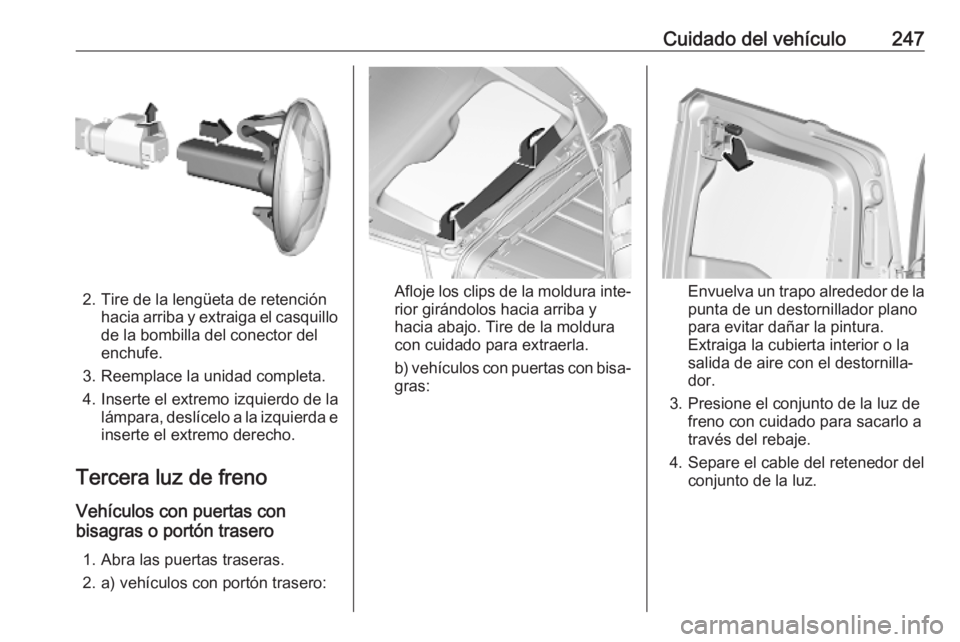 OPEL VIVARO C 2020  Manual de Instrucciones (in Spanish) Cuidado del vehículo247
2. Tire de la lengüeta de retenciónhacia arriba y extraiga el casquillo
de la bombilla del conector del
enchufe.
3. Reemplace la unidad completa.
4. Inserte el extremo izqui