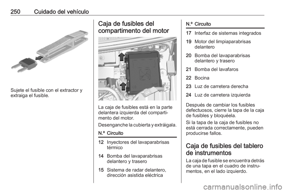 OPEL VIVARO C 2020  Manual de Instrucciones (in Spanish) 250Cuidado del vehículo
Sujete el fusible con el extractor y
extraiga el fusible.
Caja de fusibles del
compartimento del motor
La caja de fusibles está en la parte
delantera izquierda del comparti