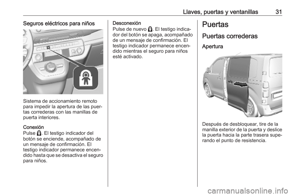 OPEL VIVARO C 2020 Manual de Instrucciones (in Spanish) Llaves, puertas y ventanillas31Seguros eléctricos para niños
Sistema de accionamiento remoto
para impedir la apertura de las puer‐
tas correderas con las manillas de puerta interiores.
Conexión
P OPEL VIVARO C 2020 Manual de Instrucciones (in Spanish) Llaves, puertas y ventanillas31Seguros eléctricos para niños
Sistema de accionamiento remoto
para impedir la apertura de las puer‐
tas correderas con las manillas de puerta interiores.
Conexión
P