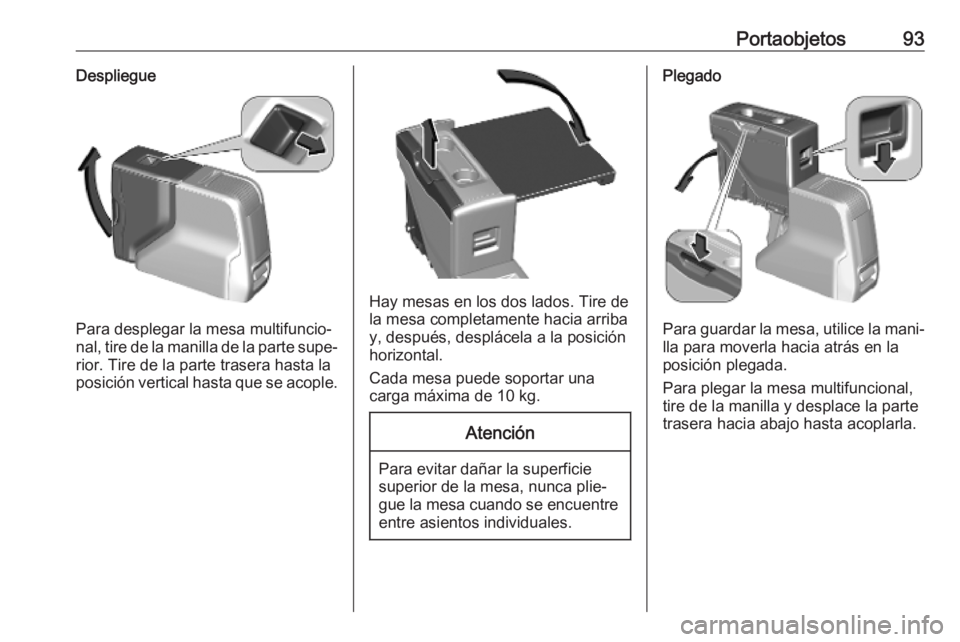 OPEL VIVARO C 2020  Manual de Instrucciones (in Spanish) Portaobjetos93Despliegue
Para desplegar la mesa multifuncio‐
nal, tire de la manilla de la parte supe‐
rior. Tire de la parte trasera hasta la
posición vertical hasta que se acople.
Hay mesas en 