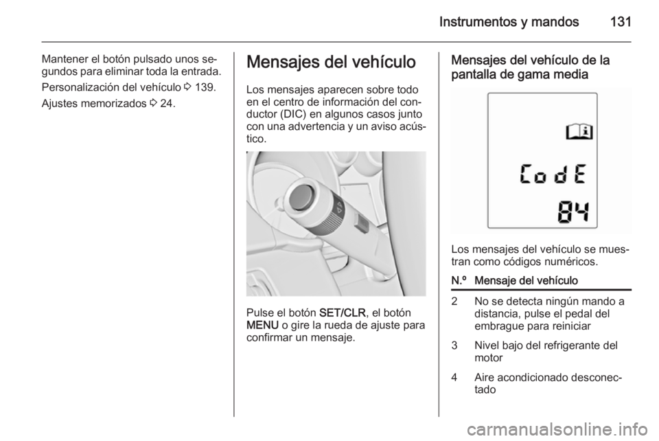 OPEL ZAFIRA C 2014 Manual de Instrucciones (in Spanish) Instrumentos y mandos131
Mantener el botón pulsado unos se‐
gundos para eliminar toda la entrada.
Personalización del vehículo 3 139.
Ajustes memorizados 3 24.Mensajes del vehículo
Los mensaje OPEL ZAFIRA C 2014 Manual de Instrucciones (in Spanish) Instrumentos y mandos131
Mantener el botón pulsado unos se‐
gundos para eliminar toda la entrada.
Personalización del vehículo 3 139.
Ajustes memorizados 3 24.Mensajes del vehículo
Los mensaje