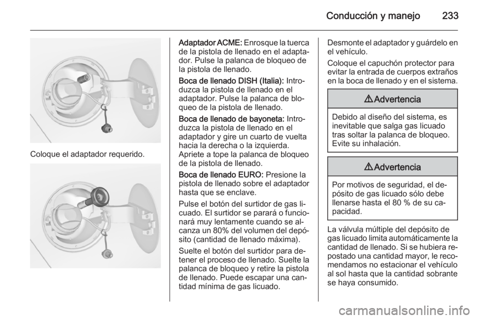 OPEL ZAFIRA C 2014 Manual de Instrucciones (in Spanish) Conducción y manejo233
Coloque el adaptador requerido.
Adaptador ACME: Enrosque la tuerca
de la pistola de llenado en el adapta‐ dor. Pulse la palanca de bloqueo de
la pistola de llenado.
Boca de l OPEL ZAFIRA C 2014 Manual de Instrucciones (in Spanish) Conducción y manejo233
Coloque el adaptador requerido.
Adaptador ACME: Enrosque la tuerca
de la pistola de llenado en el adapta‐ dor. Pulse la palanca de bloqueo de
la pistola de llenado.
Boca de l