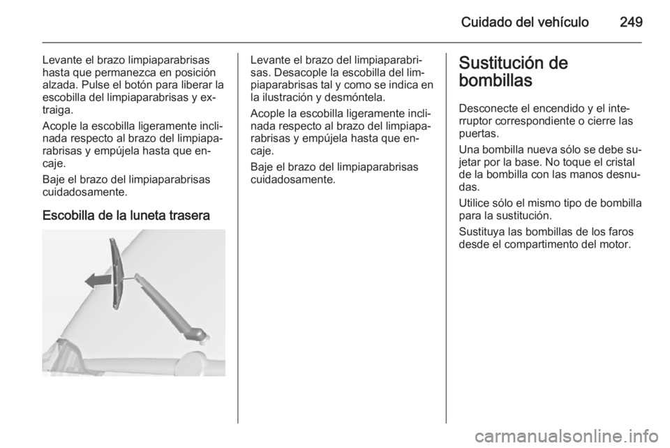 OPEL ZAFIRA C 2014 Manual de Instrucciones (in Spanish) Cuidado del vehículo249
Levante el brazo limpiaparabrisas
hasta que permanezca en posición alzada. Pulse el botón para liberar laescobilla del limpiaparabrisas y ex‐
traiga.
Acople la escobilla l OPEL ZAFIRA C 2014 Manual de Instrucciones (in Spanish) Cuidado del vehículo249
Levante el brazo limpiaparabrisas
hasta que permanezca en posición alzada. Pulse el botón para liberar laescobilla del limpiaparabrisas y ex‐
traiga.
Acople la escobilla l