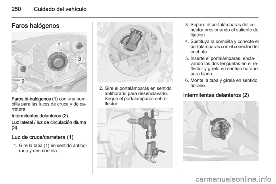 OPEL ZAFIRA C 2014 Manual de Instrucciones (in Spanish) 250Cuidado del vehículoFaros halógenos
Faros bi-halógenos (1) con una bom‐
billa para las luces de cruce y de ca‐
rretera.
Intermitentes delanteros (2) .
Luz lateral / luz de circulación diurn OPEL ZAFIRA C 2014 Manual de Instrucciones (in Spanish) 250Cuidado del vehículoFaros halógenos
Faros bi-halógenos (1) con una bom‐
billa para las luces de cruce y de ca‐
rretera.
Intermitentes delanteros (2) .
Luz lateral / luz de circulación diurn