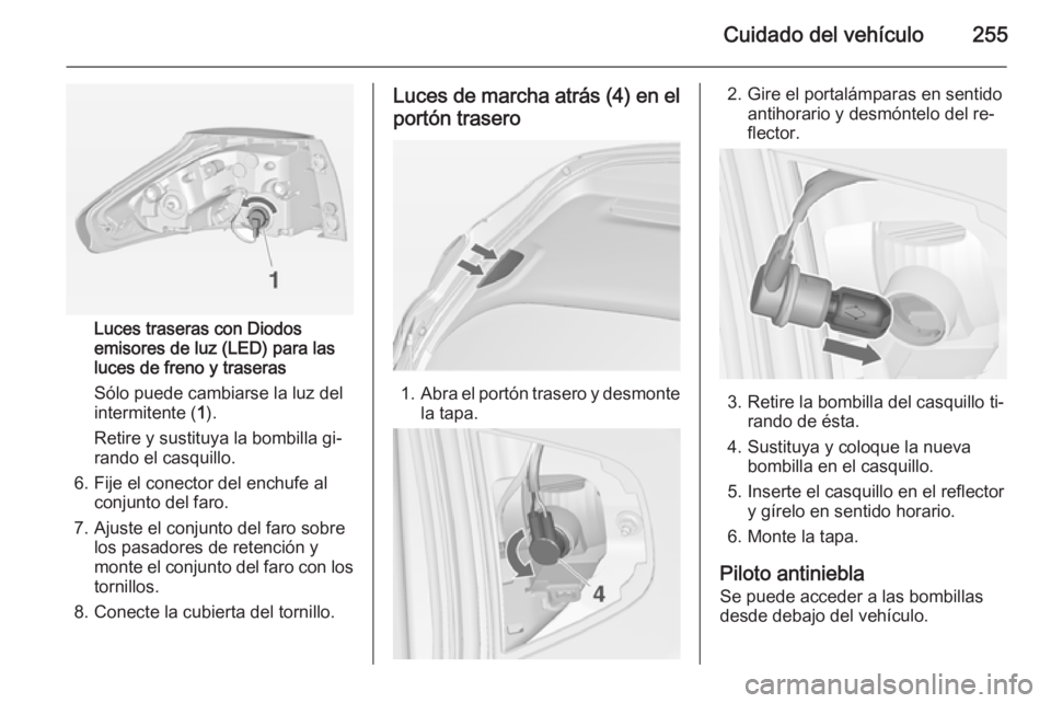 OPEL ZAFIRA C 2014 Manual de Instrucciones (in Spanish) Cuidado del vehículo255
Luces traseras con Diodos
emisores de luz (LED) para las
luces de freno y traseras
Sólo puede cambiarse la luz del
intermitente ( 1).
Retire y sustituya la bombilla gi‐
ran OPEL ZAFIRA C 2014 Manual de Instrucciones (in Spanish) Cuidado del vehículo255
Luces traseras con Diodos
emisores de luz (LED) para las
luces de freno y traseras
Sólo puede cambiarse la luz del
intermitente ( 1).
Retire y sustituya la bombilla gi‐
ran