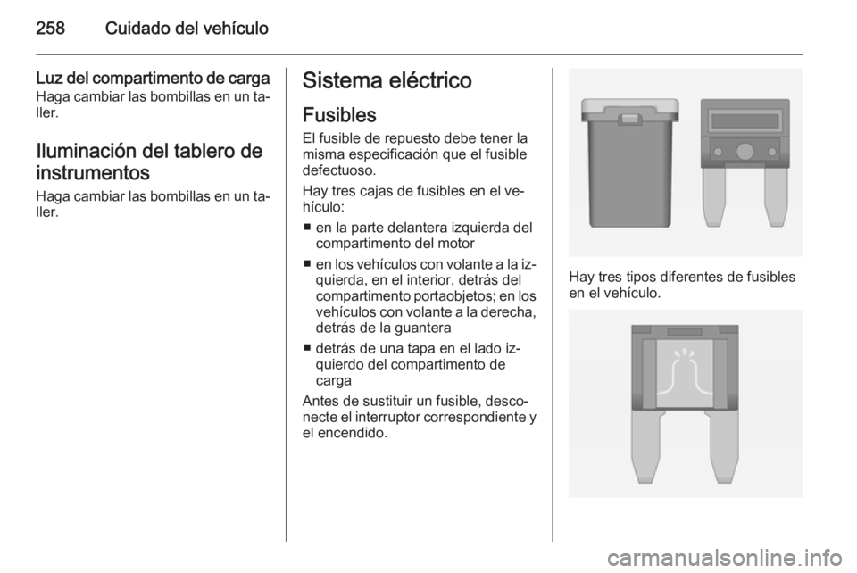 OPEL ZAFIRA C 2014 Manual de Instrucciones (in Spanish) 258Cuidado del vehículo
Luz del compartimento de carga
Haga cambiar las bombillas en un ta‐ ller.
Iluminación del tablero de
instrumentos
Haga cambiar las bombillas en un ta‐
ller.Sistema eléct OPEL ZAFIRA C 2014 Manual de Instrucciones (in Spanish) 258Cuidado del vehículo
Luz del compartimento de carga
Haga cambiar las bombillas en un ta‐ ller.
Iluminación del tablero de
instrumentos
Haga cambiar las bombillas en un ta‐
ller.Sistema eléct