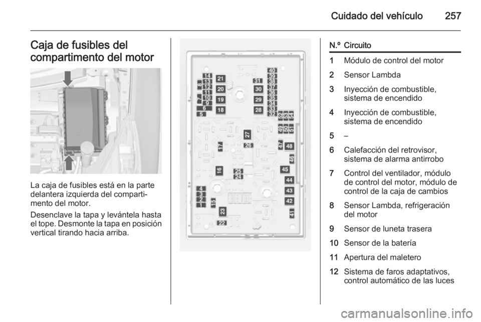 OPEL ZAFIRA C 2014.5  Manual de Instrucciones (in Spanish) Cuidado del vehículo257Caja de fusibles del
compartimento del motor
La caja de fusibles está en la parte
delantera izquierda del comparti‐
mento del motor.
Desenclave la tapa y levántela hasta
el