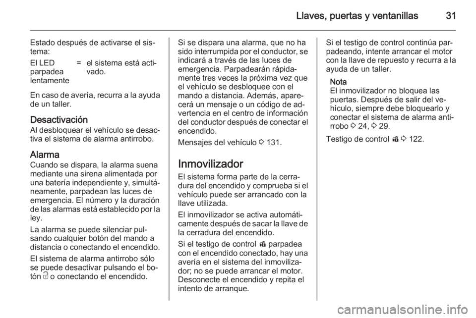 OPEL ZAFIRA C 2014.5  Manual de Instrucciones (in Spanish) Llaves, puertas y ventanillas31
Estado después de activarse el sis‐
tema:El LED
parpadea
lentamente=el sistema está acti‐
vado.
En caso de avería, recurra a la ayuda
de un taller.
Desactivació