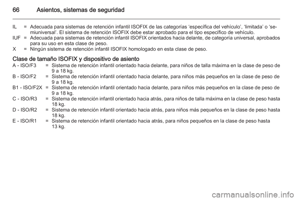 OPEL ZAFIRA C 2014.5 Manual de Instrucciones (in Spanish) 66Asientos, sistemas de seguridad
IL=Adecuada para sistemas de retención infantil ISOFIX de las categorías ‘específica del vehículo’, ‘limitada’ o ‘se‐miuniversal’. El sistema de ret OPEL ZAFIRA C 2014.5 Manual de Instrucciones (in Spanish) 66Asientos, sistemas de seguridad
IL=Adecuada para sistemas de retención infantil ISOFIX de las categorías ‘específica del vehículo’, ‘limitada’ o ‘se‐miuniversal’. El sistema de ret
