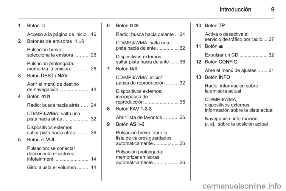 OPEL ZAFIRA C 2015  Manual de infoentretenimiento (in Spanish) Introducción9
1Botón  ;
Acceso a la página de inicio . 16
2 Botones de emisoras  1...6
Pulsación breve:
selecciona la emisora ...........26
Pulsación prolongada:
memoriza la emisora .............