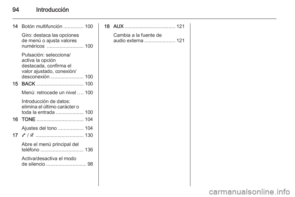 OPEL ZAFIRA C 2015 Manual de infoentretenimiento (in Spanish) 94Introducción
14Botón multifunción ..............100
Giro: destaca las opciones
de menú o ajusta valores
numéricos .......................... 100
Pulsación: selecciona/
activa la opción
desta OPEL ZAFIRA C 2015 Manual de infoentretenimiento (in Spanish) 94Introducción
14Botón multifunción ..............100
Giro: destaca las opciones
de menú o ajusta valores
numéricos .......................... 100
Pulsación: selecciona/
activa la opción
desta