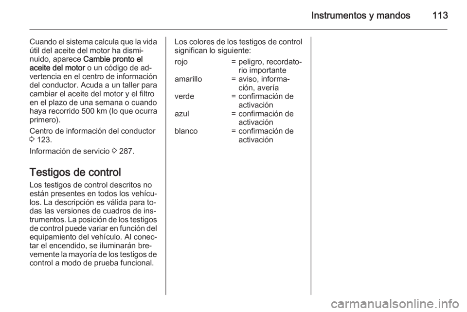 OPEL ZAFIRA C 2015 Manual de Instrucciones (in Spanish) Instrumentos y mandos113
Cuando el sistema calcula que la vidaútil del aceite del motor ha dismi‐
nuido, aparece Cambie pronto el
aceite del motor o un código de ad‐
vertencia en el centro de OPEL ZAFIRA C 2015 Manual de Instrucciones (in Spanish) Instrumentos y mandos113
Cuando el sistema calcula que la vidaútil del aceite del motor ha dismi‐
nuido, aparece Cambie pronto el
aceite del motor o un código de ad‐
vertencia en el centro de