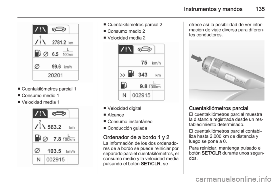 OPEL ZAFIRA C 2015 Manual de Instrucciones (in Spanish) Instrumentos y mandos135
■ Cuentakilómetros parcial 1
■ Consumo medio 1
■ Velocidad media 1
■ Cuentakilómetros parcial 2
■ Consumo medio 2
■ Velocidad media 2
■ Velocidad digital
■ A OPEL ZAFIRA C 2015 Manual de Instrucciones (in Spanish) Instrumentos y mandos135
■ Cuentakilómetros parcial 1
■ Consumo medio 1
■ Velocidad media 1
■ Cuentakilómetros parcial 2
■ Consumo medio 2
■ Velocidad media 2
■ Velocidad digital
■ A