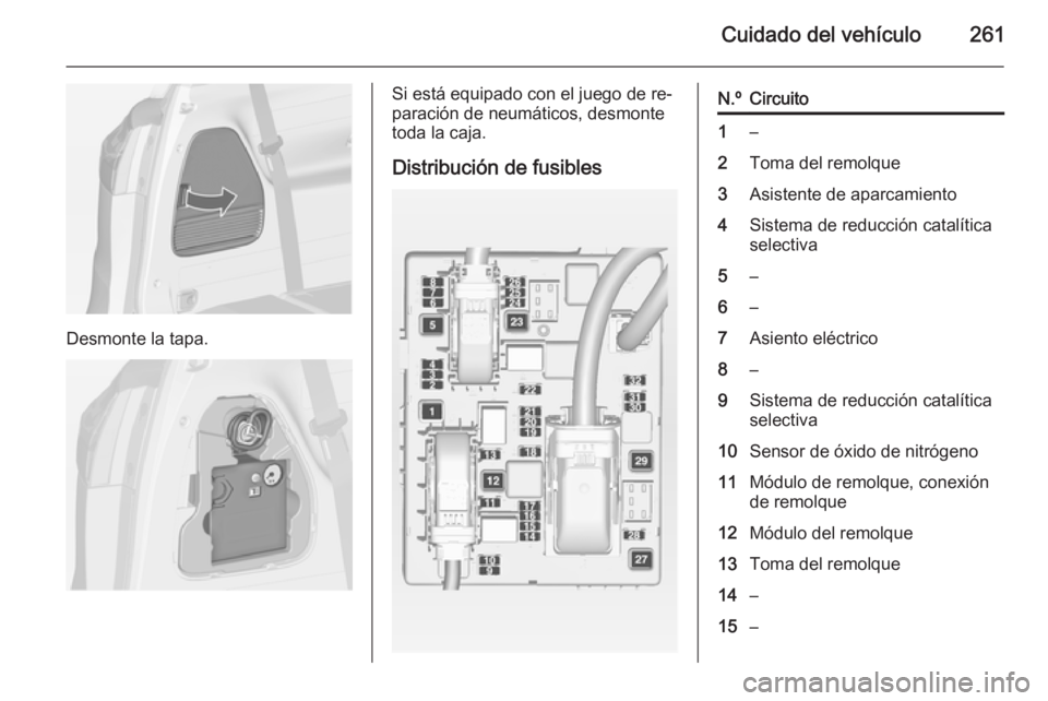 OPEL ZAFIRA C 2015 Manual de Instrucciones (in Spanish) Cuidado del vehículo261
Desmonte la tapa.
Si está equipado con el juego de re‐
paración de neumáticos, desmonte
toda la caja.
Distribución de fusiblesN.ºCircuito1–2Toma del remolque3Asistent OPEL ZAFIRA C 2015 Manual de Instrucciones (in Spanish) Cuidado del vehículo261
Desmonte la tapa.
Si está equipado con el juego de re‐
paración de neumáticos, desmonte
toda la caja.
Distribución de fusiblesN.ºCircuito1–2Toma del remolque3Asistent