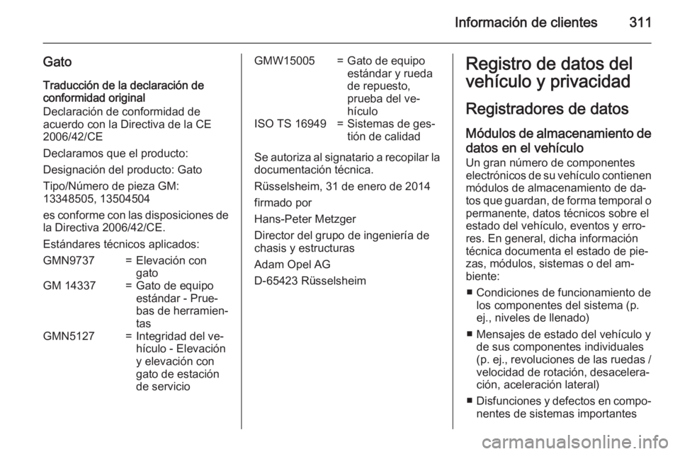 OPEL ZAFIRA C 2015 Manual de Instrucciones (in Spanish) Información de clientes311
GatoTraducción de la declaración de
conformidad original
Declaración de conformidad de
acuerdo con la Directiva de la CE
2006/42/CE
Declaramos que el producto:
Designaci OPEL ZAFIRA C 2015 Manual de Instrucciones (in Spanish) Información de clientes311
GatoTraducción de la declaración de
conformidad original
Declaración de conformidad de
acuerdo con la Directiva de la CE
2006/42/CE
Declaramos que el producto:
Designaci