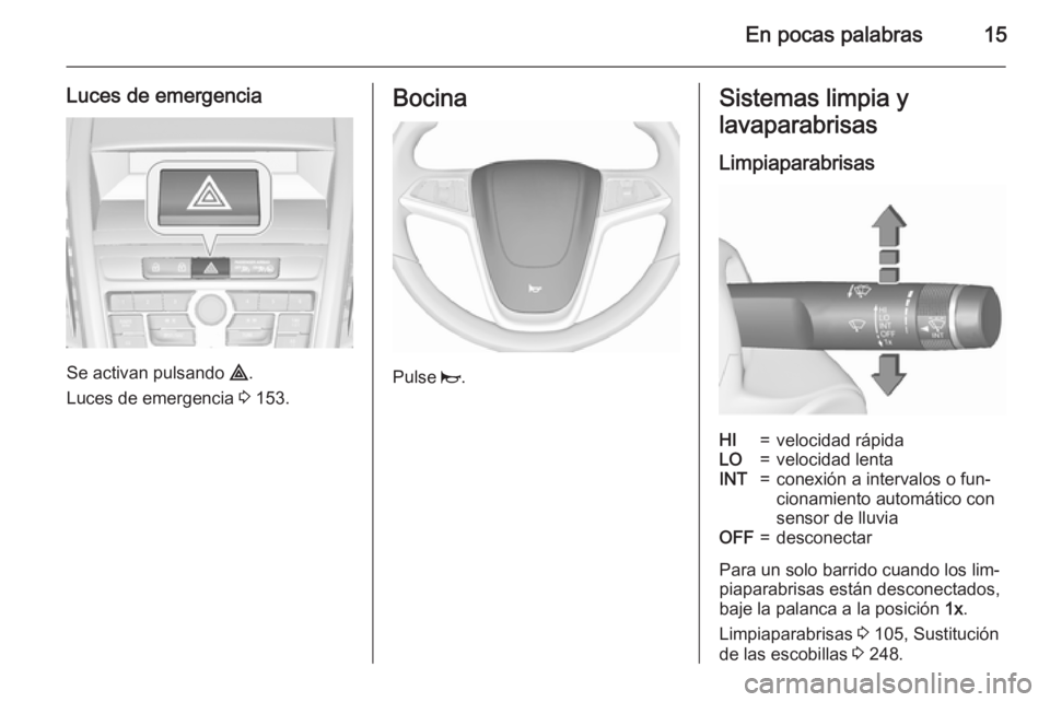 OPEL ZAFIRA C 2015.5 Manual de Instrucciones (in Spanish) En pocas palabras15
Luces de emergencia
Se activan pulsando ¨.
Luces de emergencia 3 153.
Bocina
Pulse j.
Sistemas limpia y
lavaparabrisas
LimpiaparabrisasHI=velocidad rápidaLO=velocidad lentaINT= OPEL ZAFIRA C 2015.5 Manual de Instrucciones (in Spanish) En pocas palabras15
Luces de emergencia
Se activan pulsando ¨.
Luces de emergencia 3 153.
Bocina
Pulse j.
Sistemas limpia y
lavaparabrisas
LimpiaparabrisasHI=velocidad rápidaLO=velocidad lentaINT=
