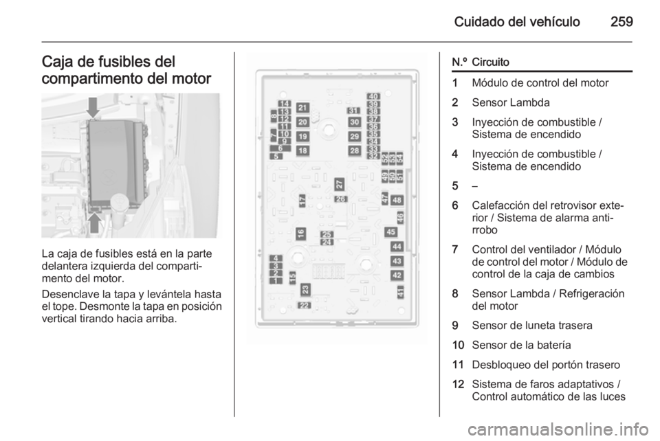 OPEL ZAFIRA C 2015.5 Manual de Instrucciones (in Spanish) Cuidado del vehículo259Caja de fusibles del
compartimento del motor
La caja de fusibles está en la parte
delantera izquierda del comparti‐
mento del motor.
Desenclave la tapa y levántela hasta
el OPEL ZAFIRA C 2015.5 Manual de Instrucciones (in Spanish) Cuidado del vehículo259Caja de fusibles del
compartimento del motor
La caja de fusibles está en la parte
delantera izquierda del comparti‐
mento del motor.
Desenclave la tapa y levántela hasta
el