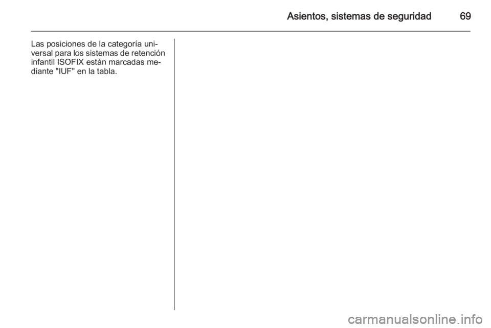 OPEL ZAFIRA C 2015.5  Manual de Instrucciones (in Spanish) Asientos, sistemas de seguridad69
Las posiciones de la categoría uni‐
versal para los sistemas de retención infantil ISOFIX están marcadas me‐
diante "IUF" en la tabla. 