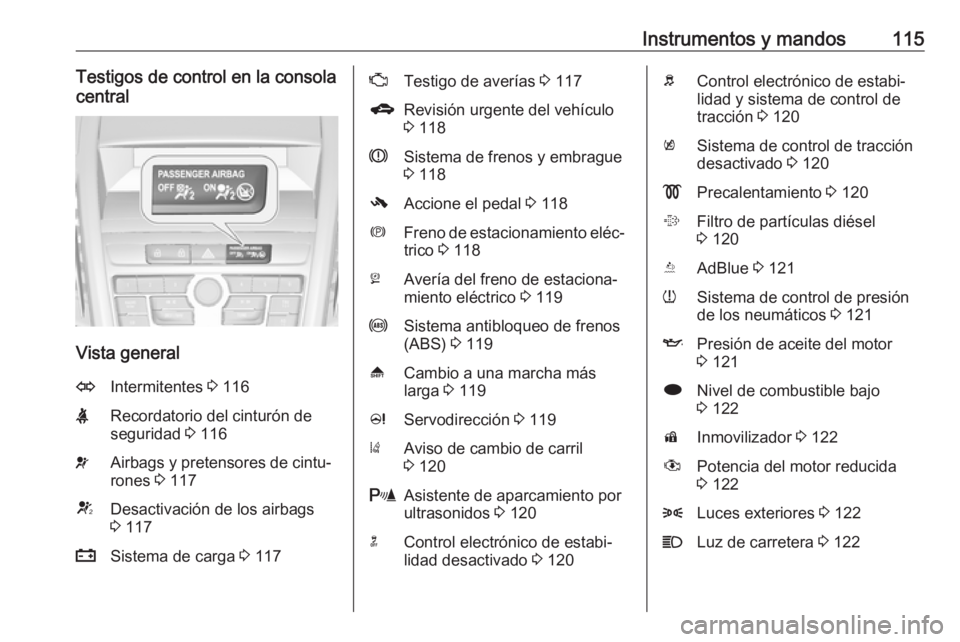 OPEL ZAFIRA C 2016  Manual de Instrucciones (in Spanish) Instrumentos y mandos115Testigos de control en la consola
central
Vista general
OIntermitentes  3 116XRecordatorio del cinturón de
seguridad  3 116vAirbags y pretensores de cintu‐
rones  3 117VDesa