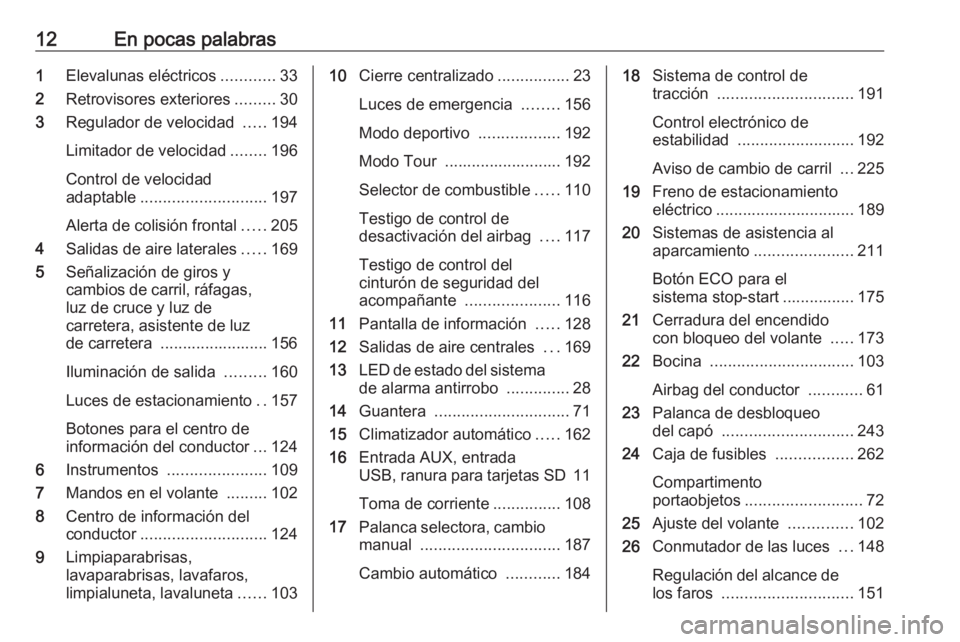 OPEL ZAFIRA C 2016  Manual de Instrucciones (in Spanish) 12En pocas palabras1Elevalunas eléctricos ............33
2 Retrovisores exteriores .........30
3 Regulador de velocidad  .....194
Limitador de velocidad ........196
Control de velocidad
adaptable ...